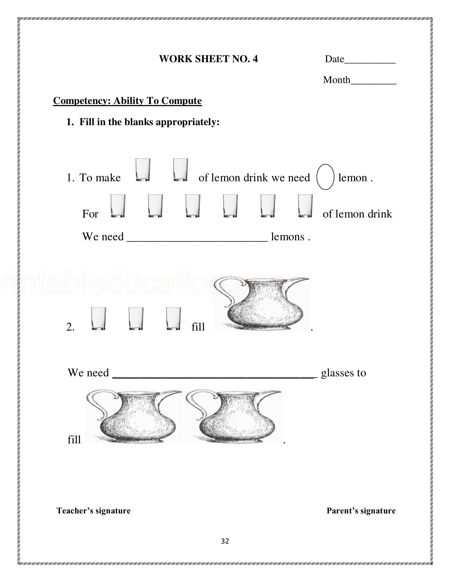 Kindergarten Free Printable Worksheets Capacity