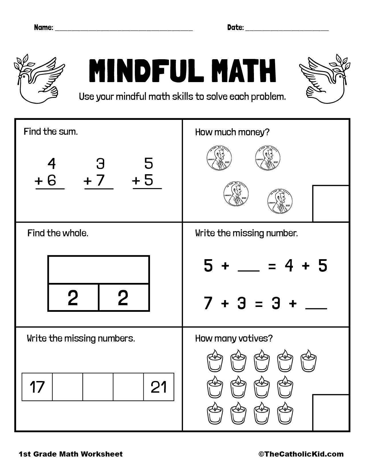 Mental Math Review 1st Grade Math Worksheet Catholic  Mental Math Review 1st Grade Math Worksheet Catholic
