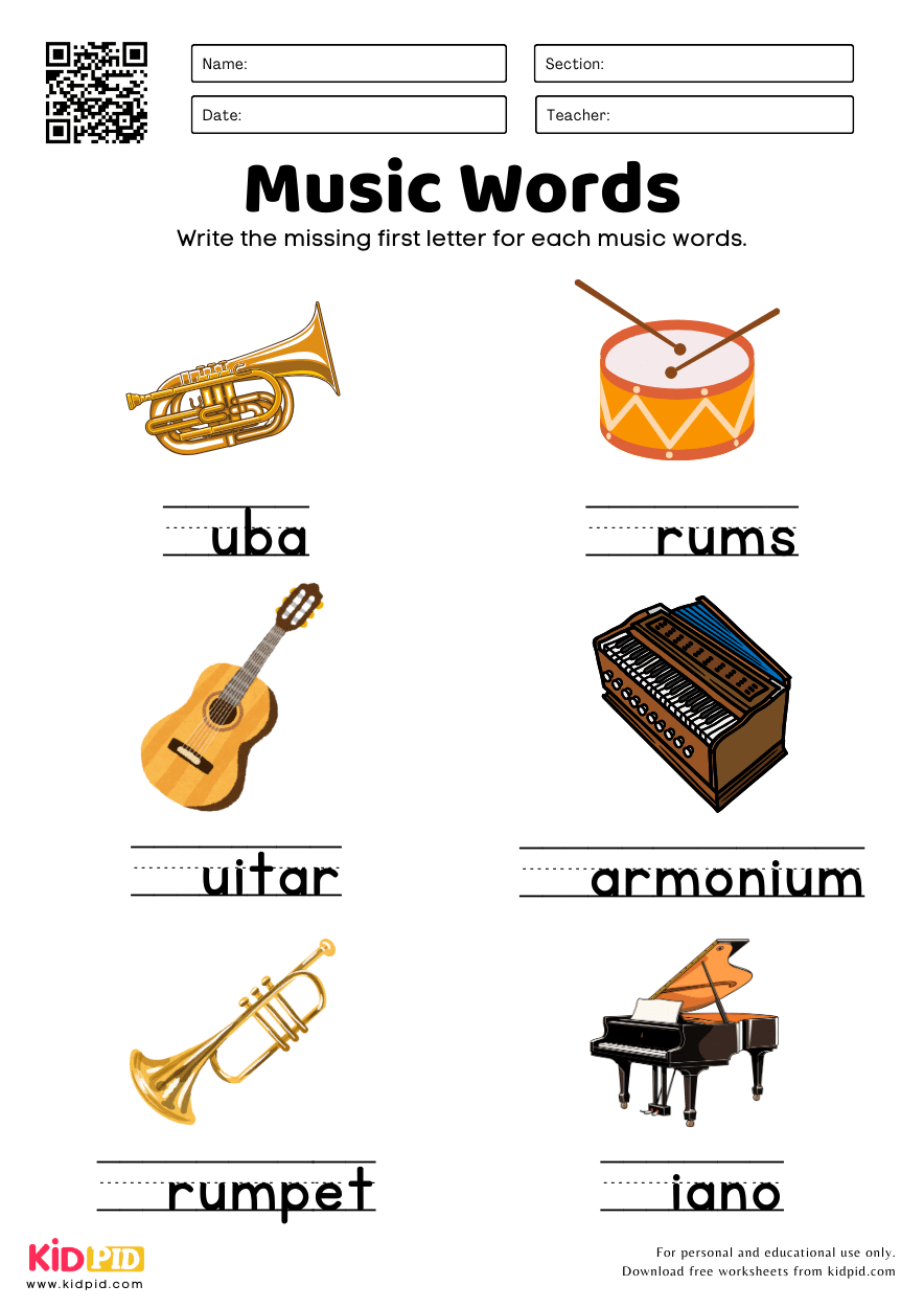 Music Vocabulary Worksheet For Kindergarten Kidpid