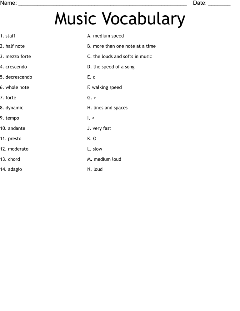 Music Vocabulary Worksheet WordMint