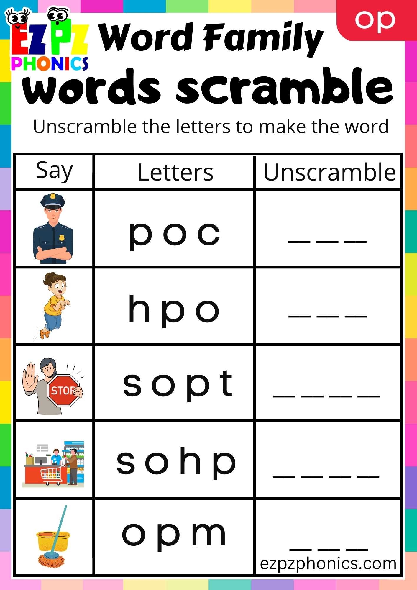 OP Words Words Scramble Phonics Word Families Worksheet 