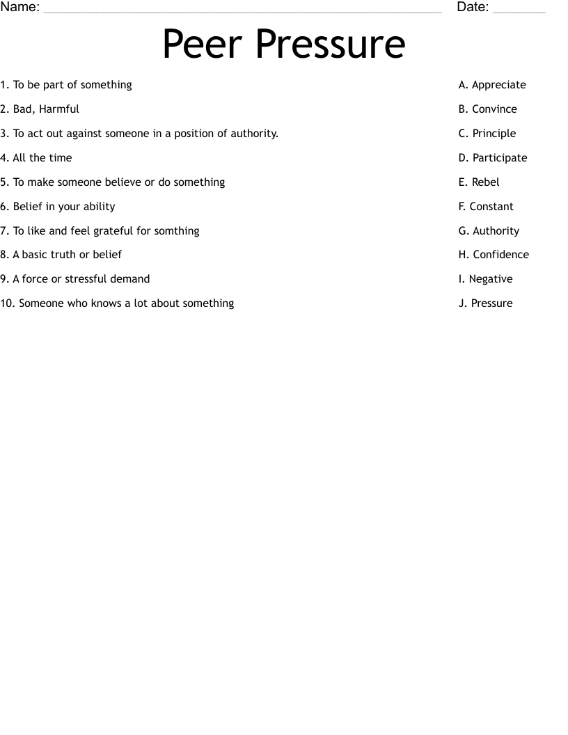 Peer Pressure Worksheet WordMint