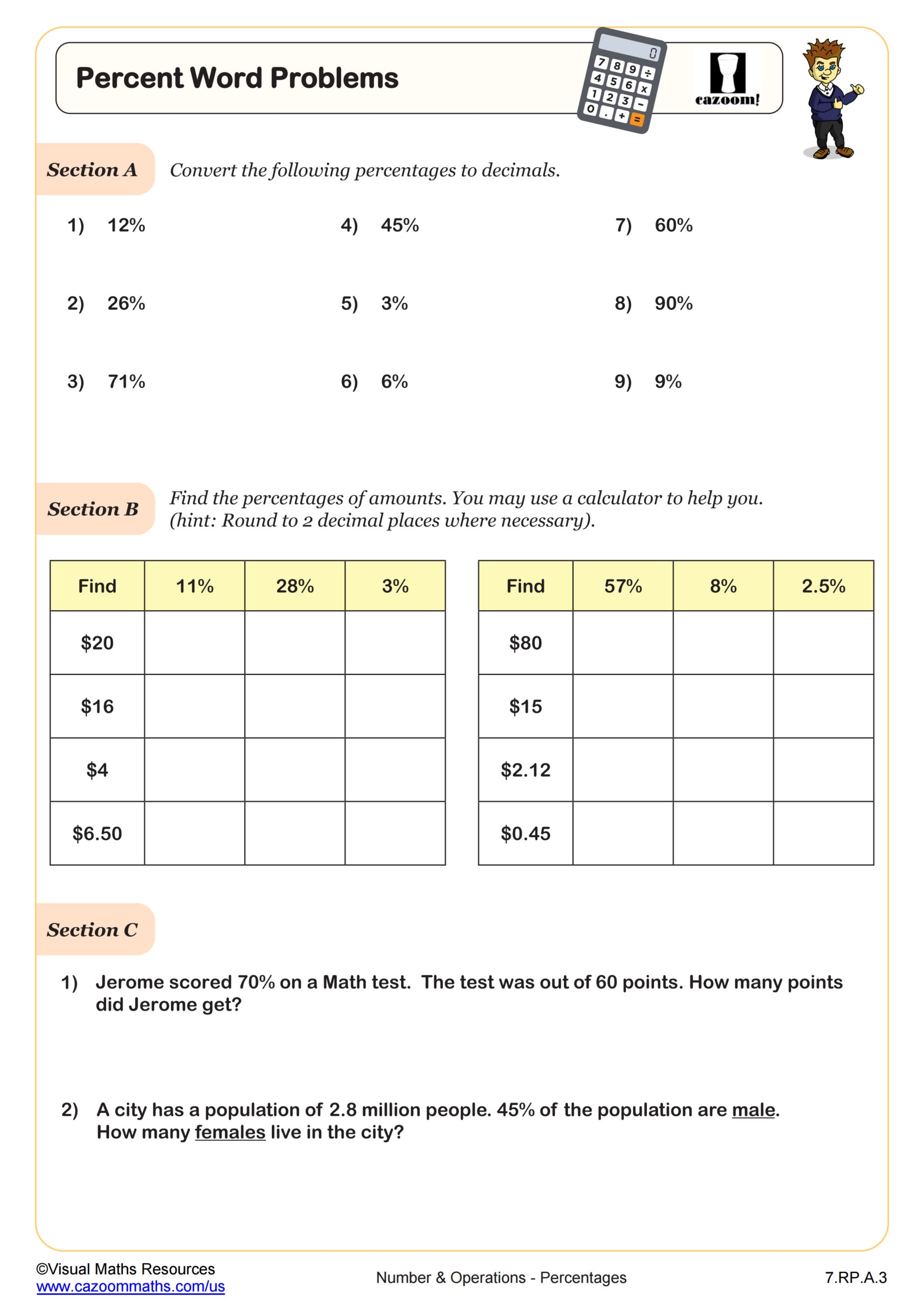 Percent Word Problems Worksheet PDF Printable Number 