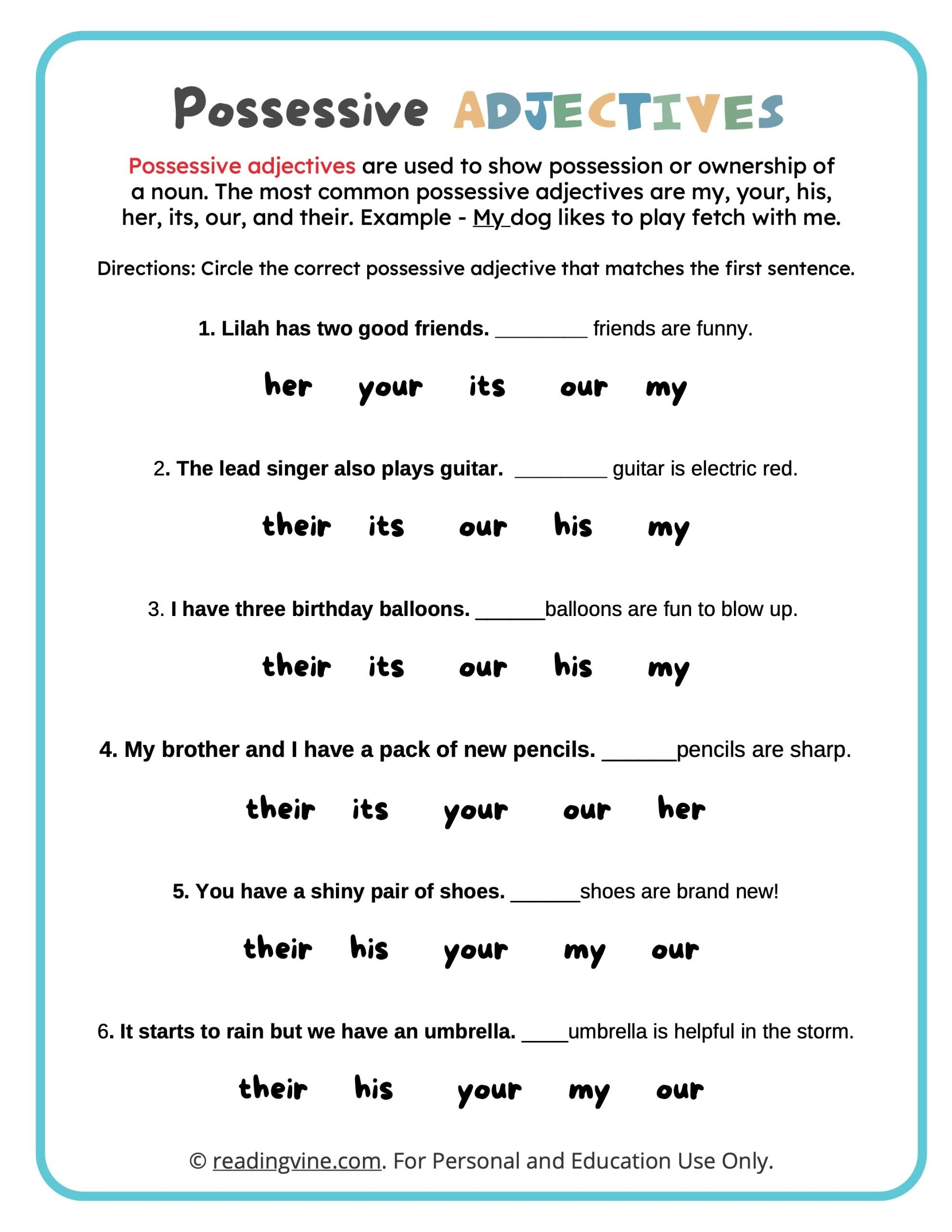 Possessive Adjectives Worksheets ReadingVine Worksheets Library