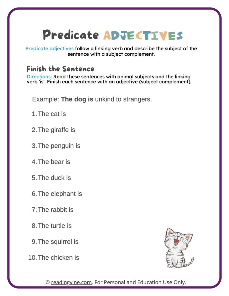 Predicate Adjectives Worksheets ReadingVine