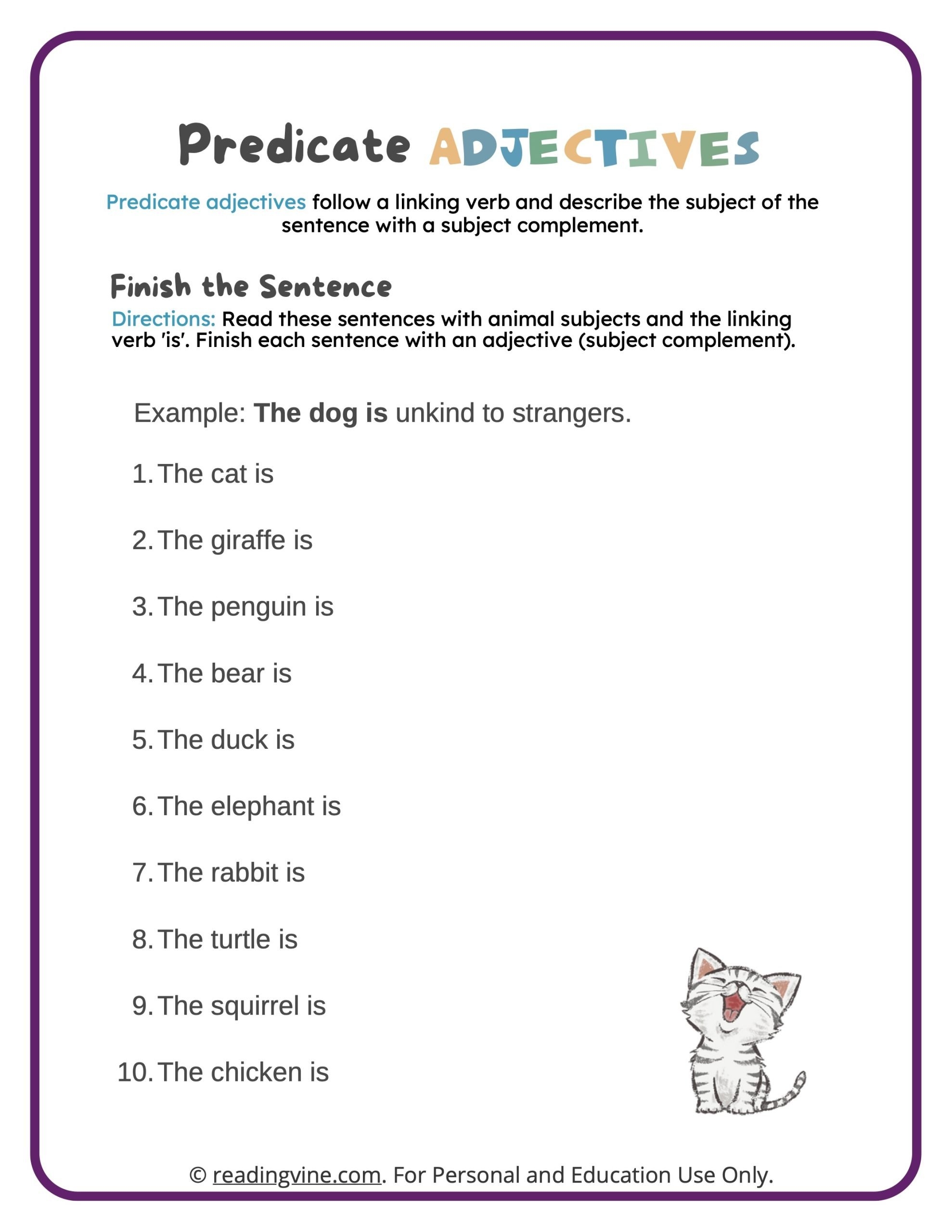 Predicate Adjectives Worksheets ReadingVine