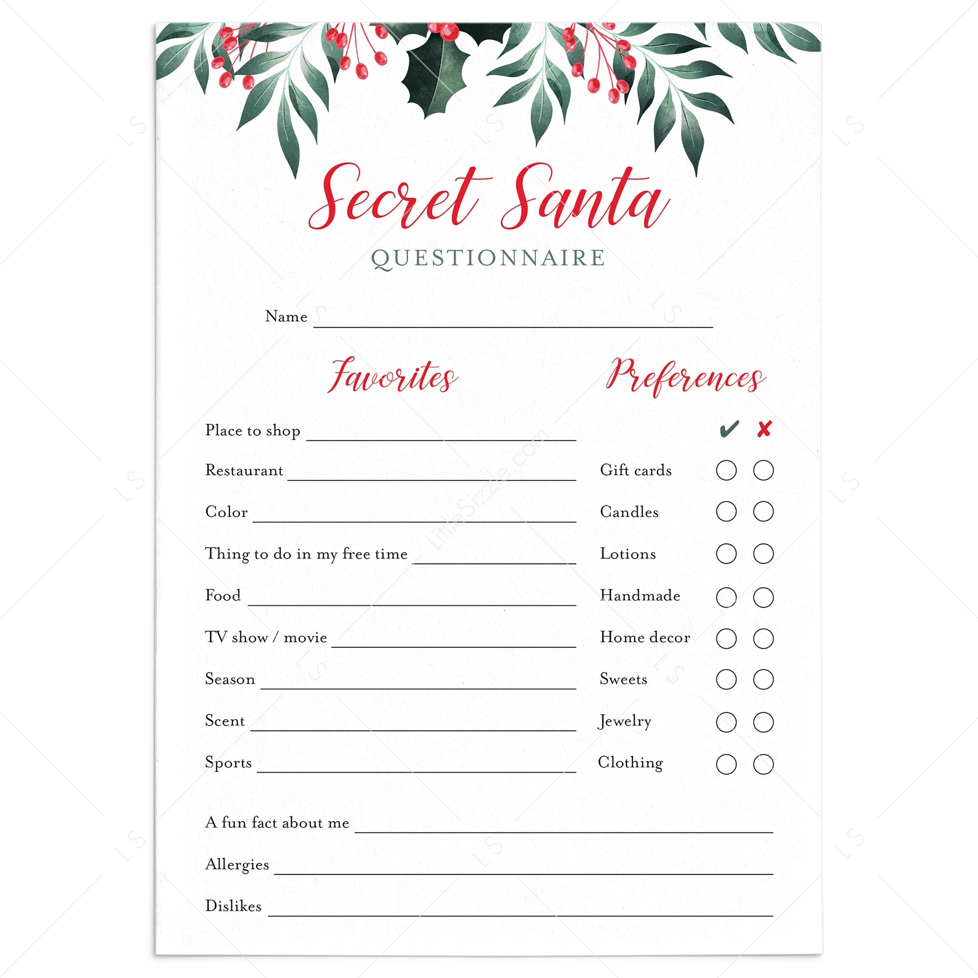 Printable Holiday Gift Exchange Secret Santa Questions LittleSizzle Worksheets Library