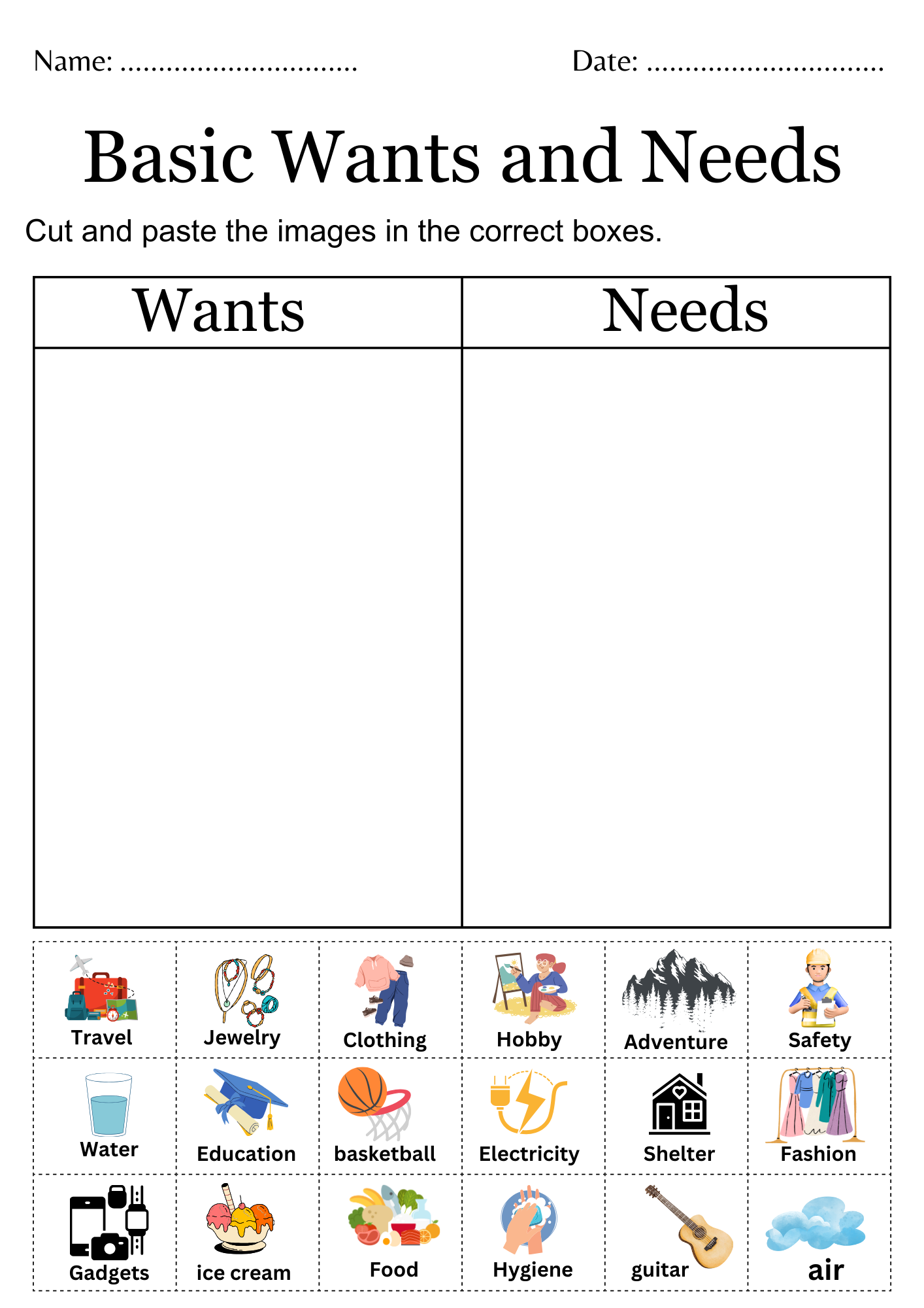 Printable Identifying Needs And Wants Worksheet Basic Needs Vs Printable Identifying Needs And Wants Worksheet Basic Needs Vs