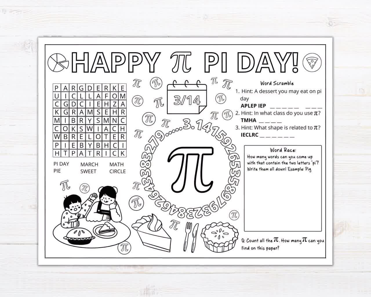 Printable Kids Pi Day Coloring Activity Sheet Kids Pi Day Worksheet Pi Day Classroom Activity Pi Day Coloring Pi Day Activity Ideas