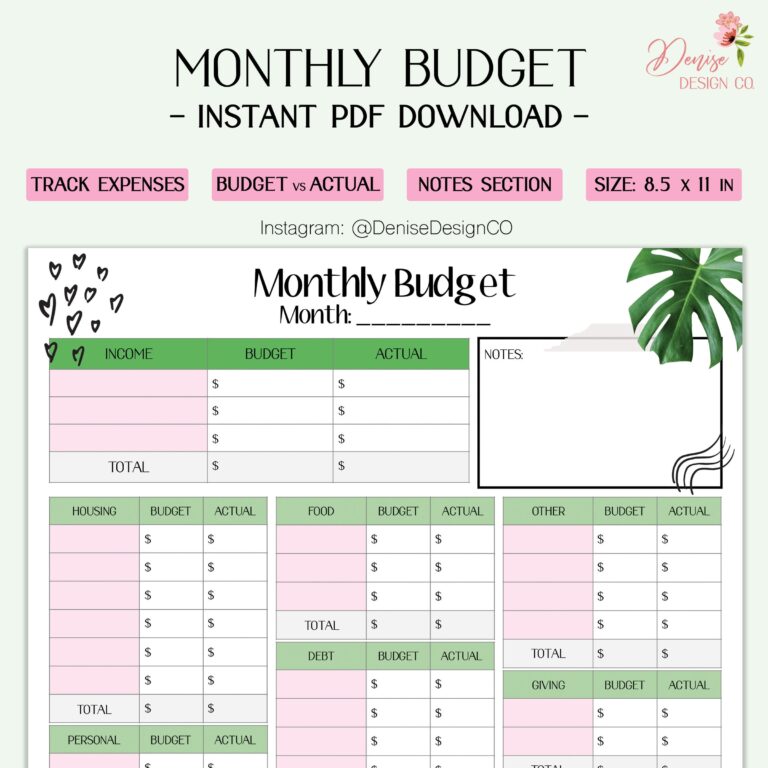 Printable Monthly Budget Sheet Income Budgeted Vs Actual Overview U0026 Notes Doodle Print Etsy