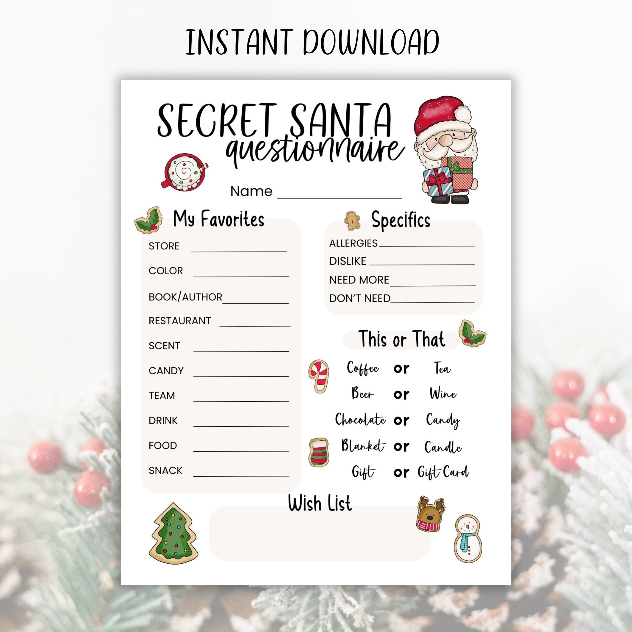 Printable Secret Santa Questionnaire Christmas Holiday Gift Exchange Questions Form For Work Office Coworkers Neighbors Friends PDF