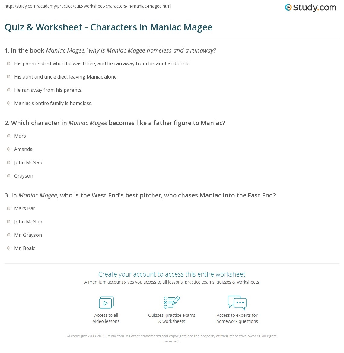 Quiz U0026 Worksheet Characters In Maniac Magee Study