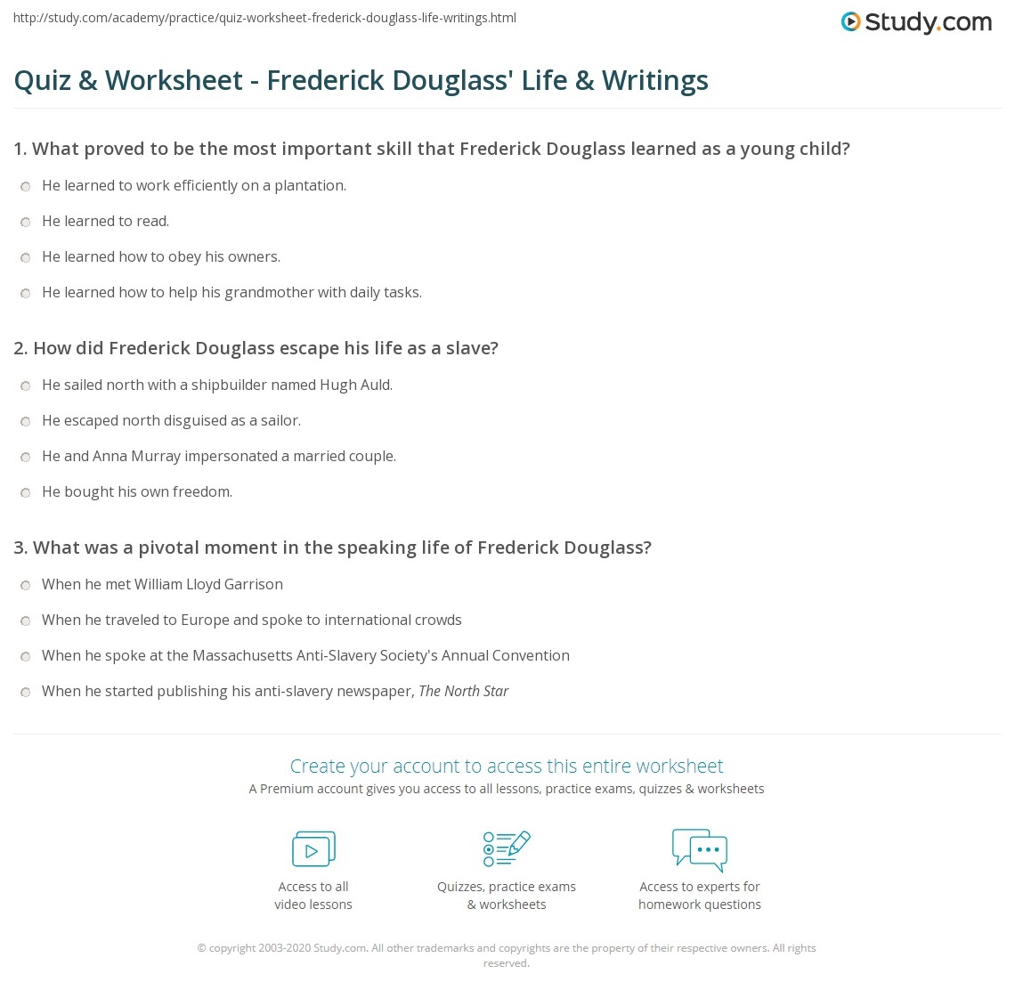 Quiz U0026 Worksheet Frederick Douglass Life U0026 Writings Study Quiz U0026 Worksheet Frederick Douglass Life U0026 Writings Study