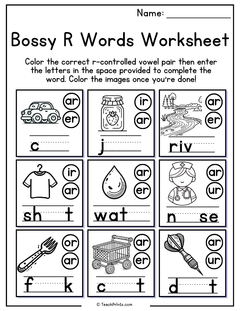 R Controlled Vowels Worksheets Bossy R Free PDF Printables