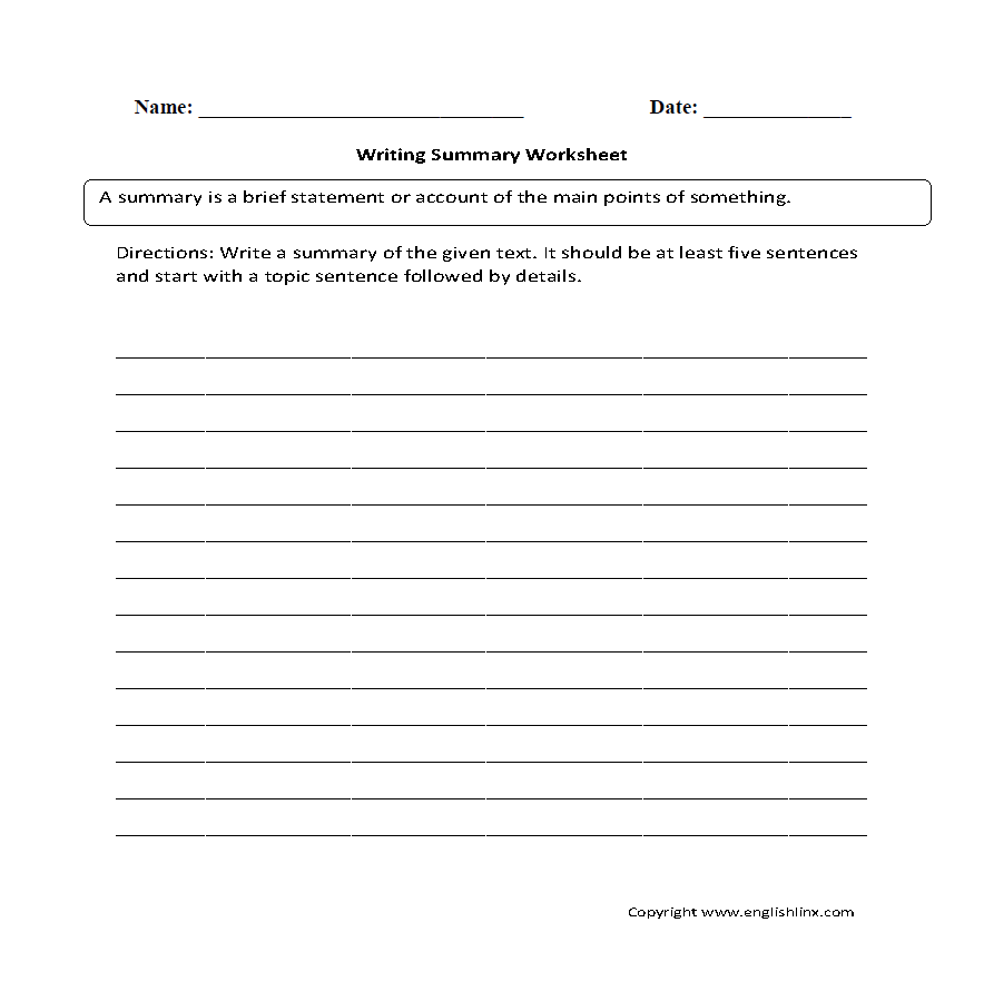 Reading Worksheets Summary Worksheets