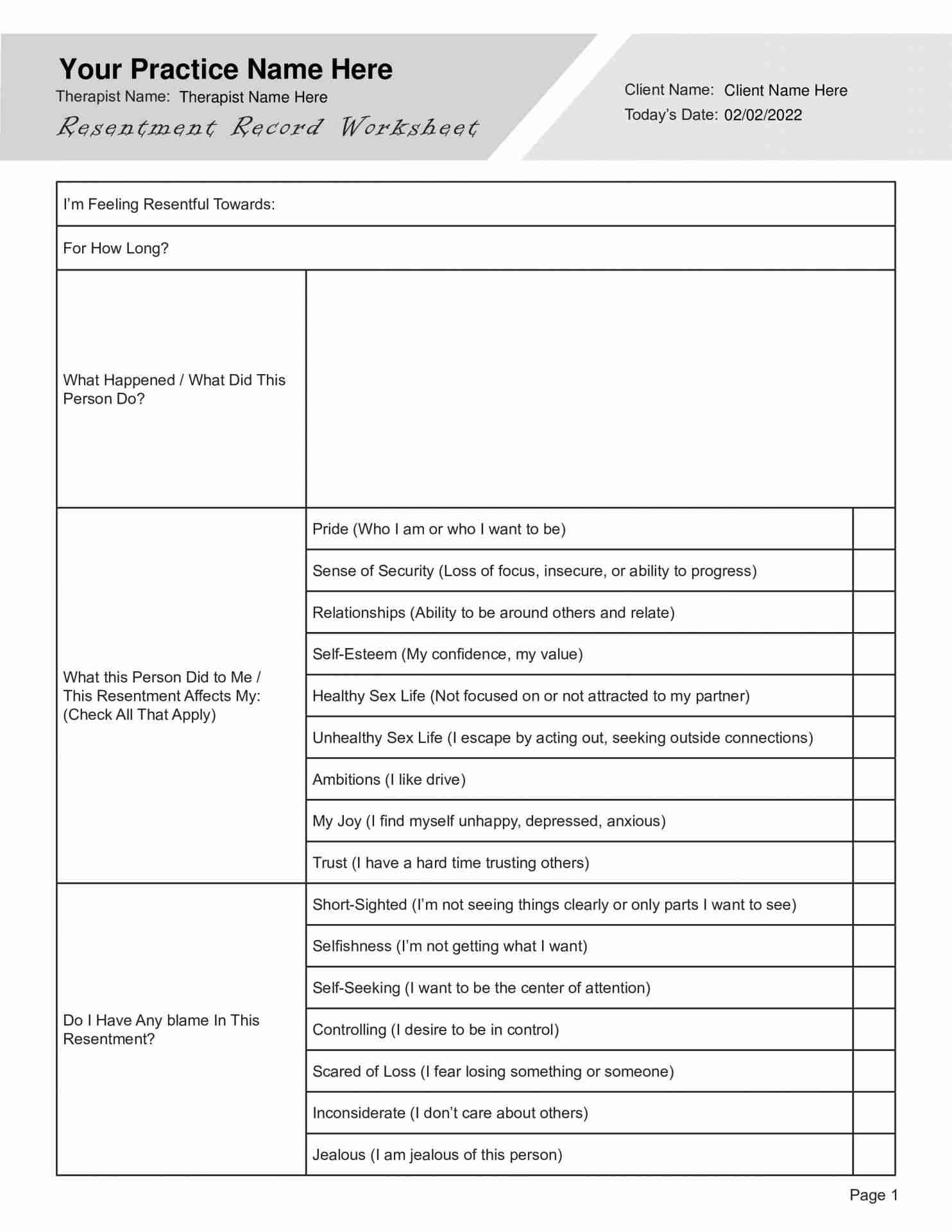Resentment Record Worksheet Editable Fillable Printable PDF 