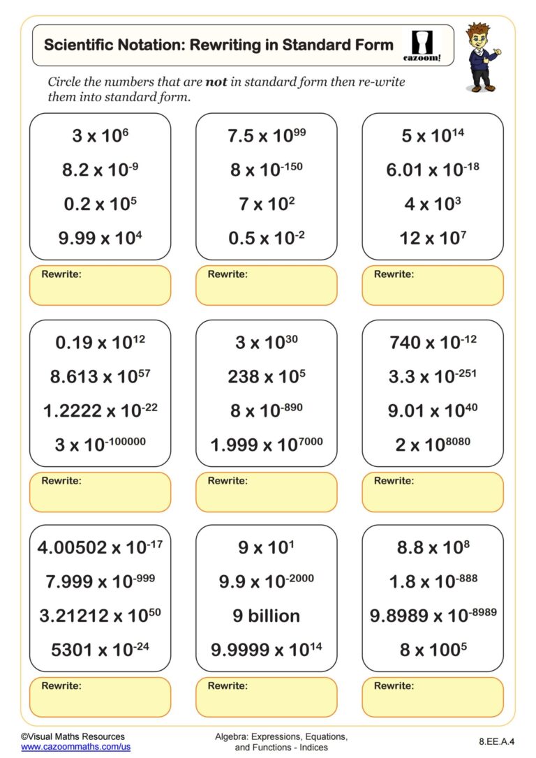 Scientific Notation Rewriting In Standard Form Worksheet PDF Printable Algebra Worksheet