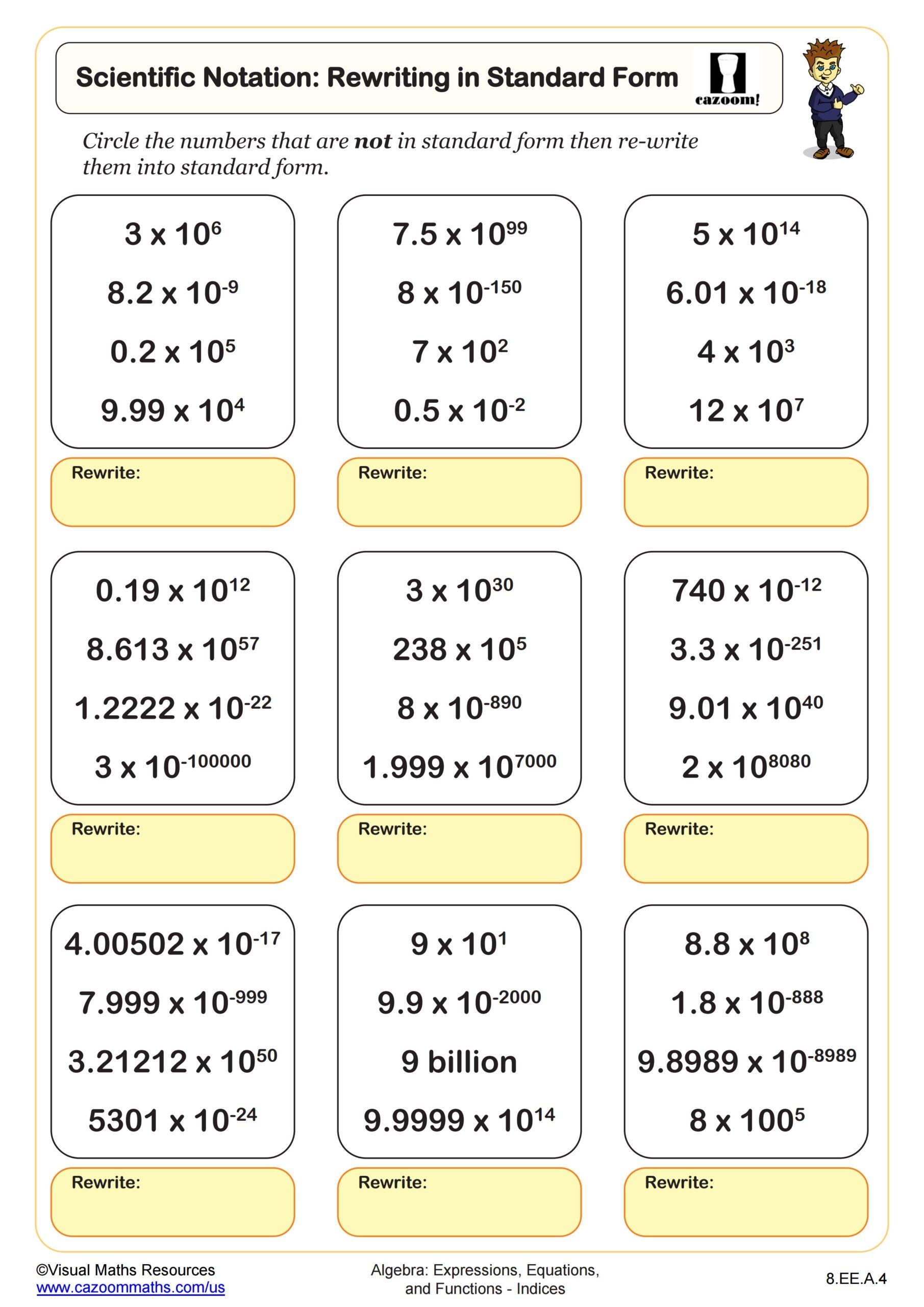 Scientific Notation Rewriting In Standard Form Worksheet PDF Printable Algebra Worksheet