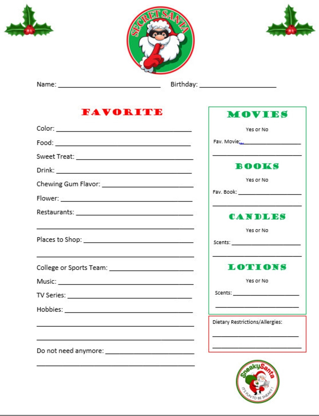 Secret Santa Form Etsy