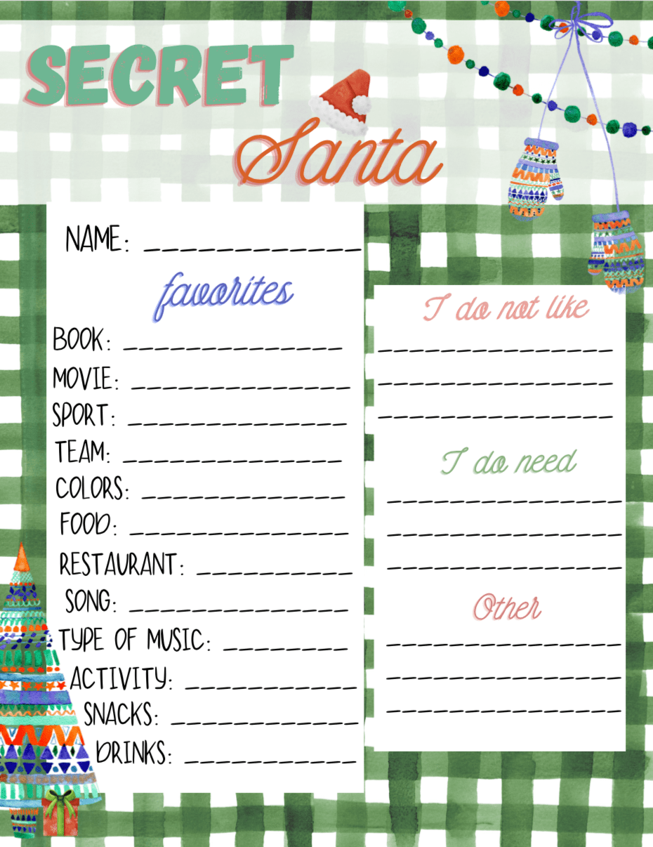 Secret Santa Worksheet Free Printable