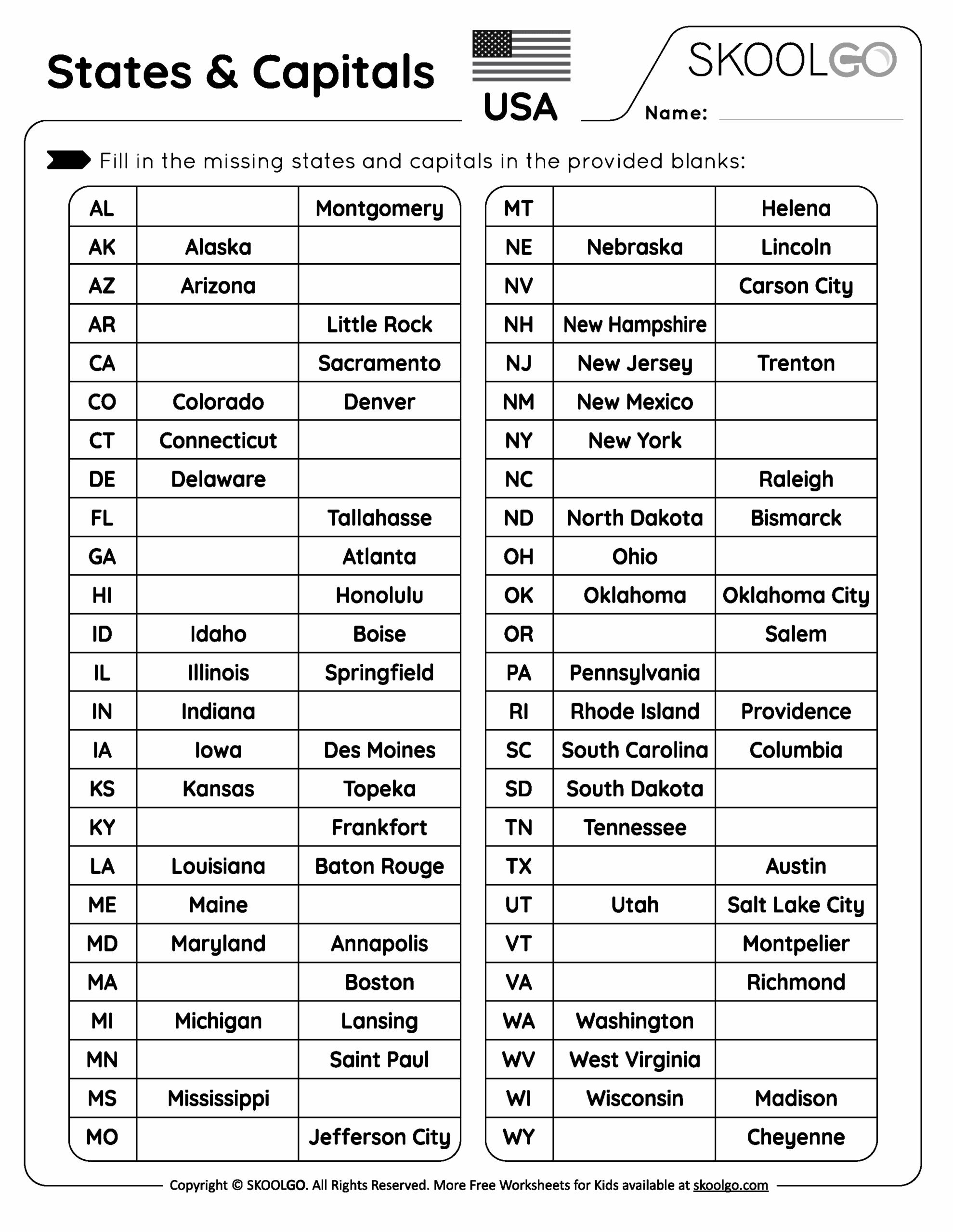 States And Capitals Worksheets Free Printable
