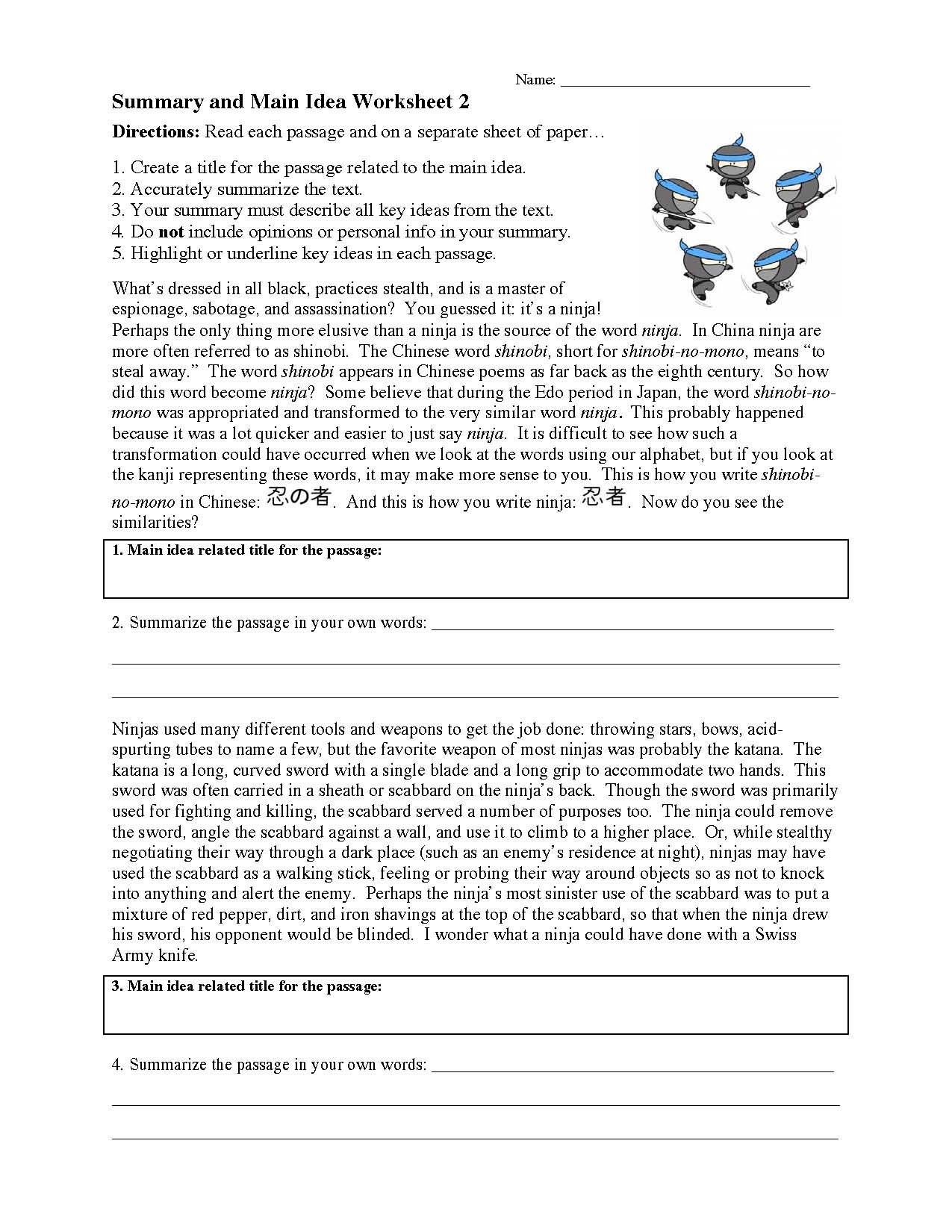 Free Printable 4th Grade Summary Worksheets