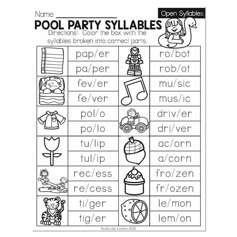 Summer Early Finishers 1st Grade ELA Open Syllables Pool Party Syllables Lucky Little Learners