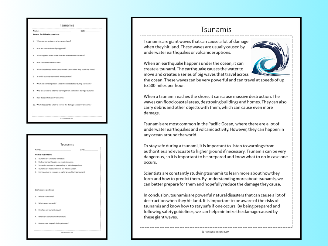 Tsunamis Reading Comprehension Passage Printable Worksheet Teaching Resources