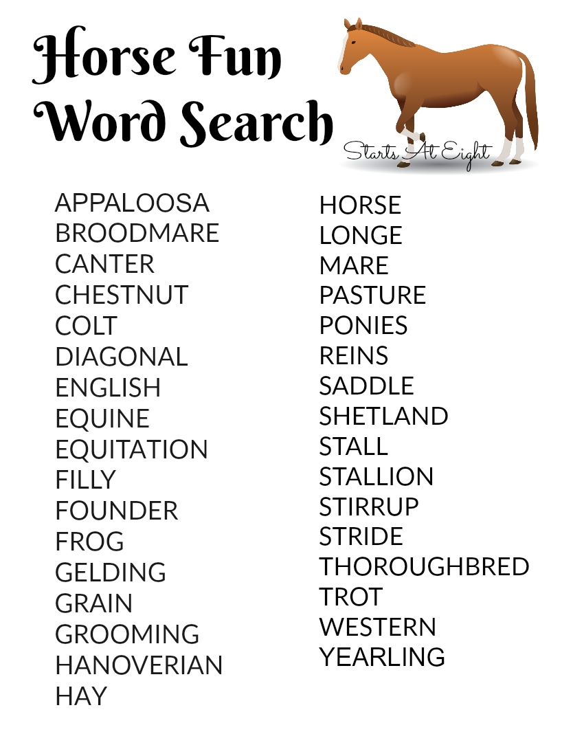 Using Horse Stories For A Horse Unit Study FREE Printable Worksheets Library