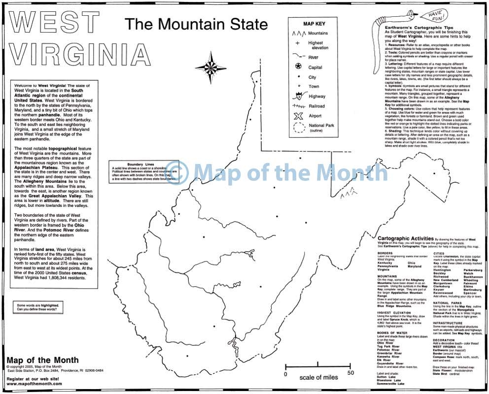 West Virginia Map Blank Outline Map 16 By 20 Inches Activities Included