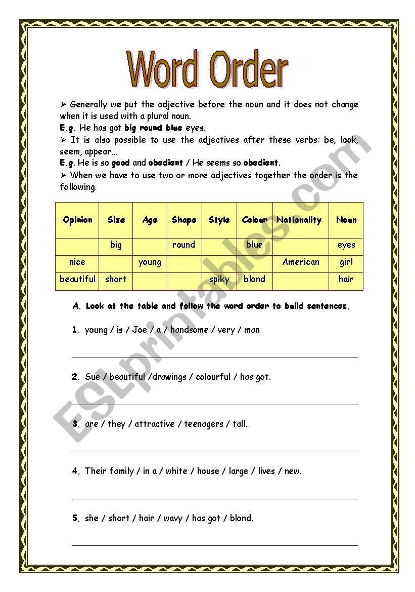 Word Order ESL Worksheet By Manuelanunes3