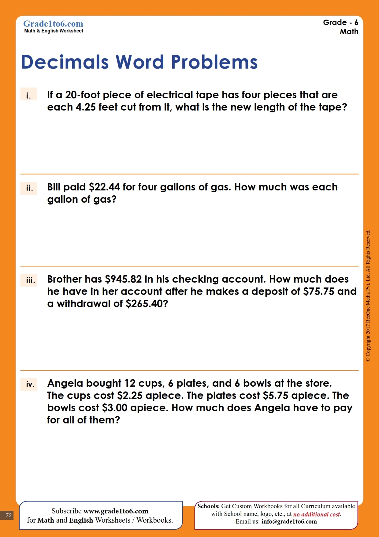 Word Problem With Multiplication Of Decimals Numbers Grade1to6