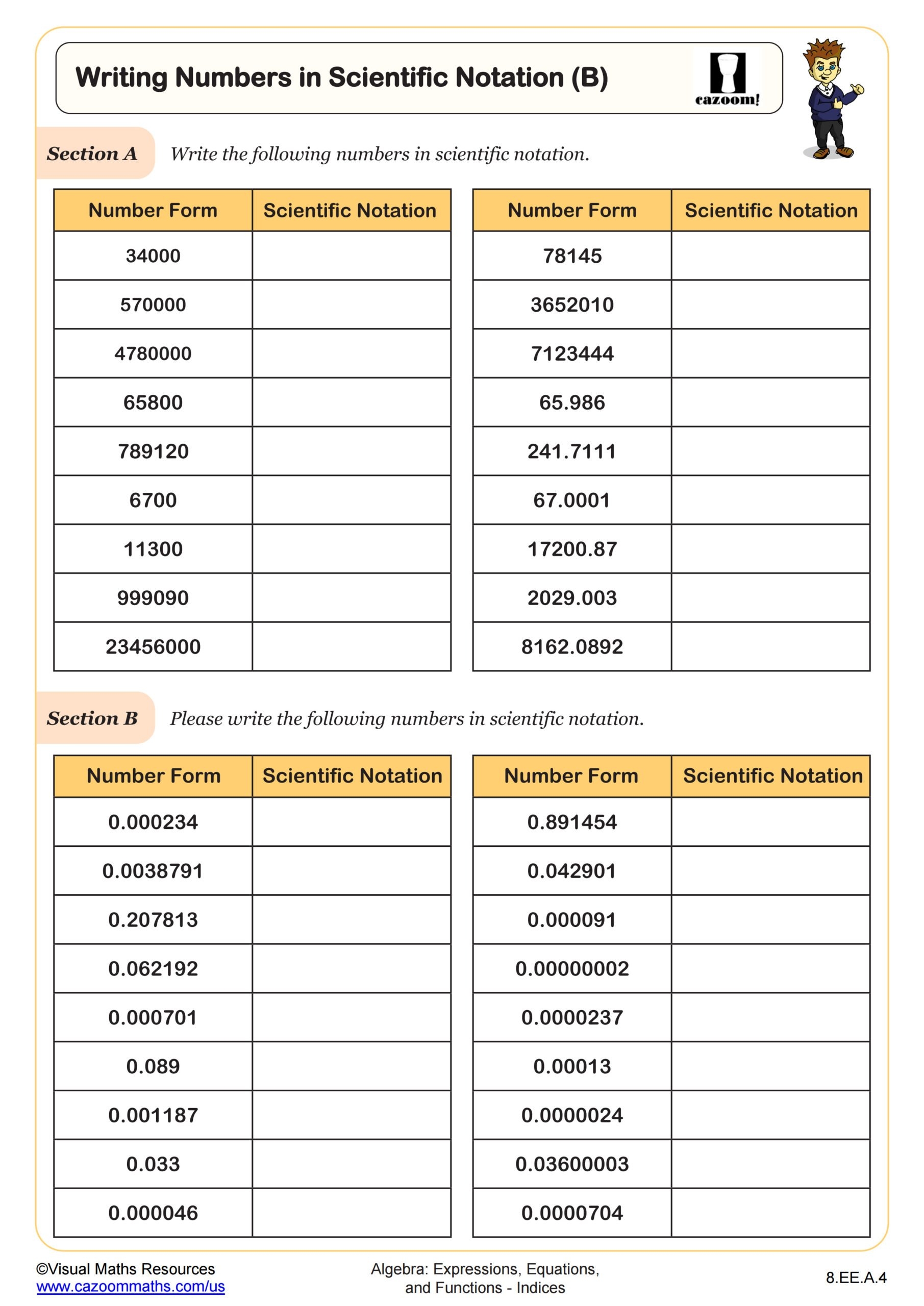 Writing Numbers In Scientific Notation B Worksheet PDF Printable Algebra Worksheet
