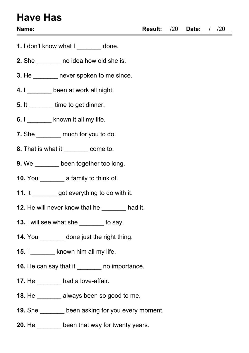 101 Have Has PDF Worksheets With Answers 2036 Exercises Grammarism