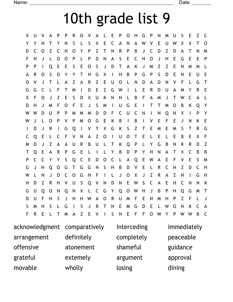 10th Grade List 9 Word Search WordMint