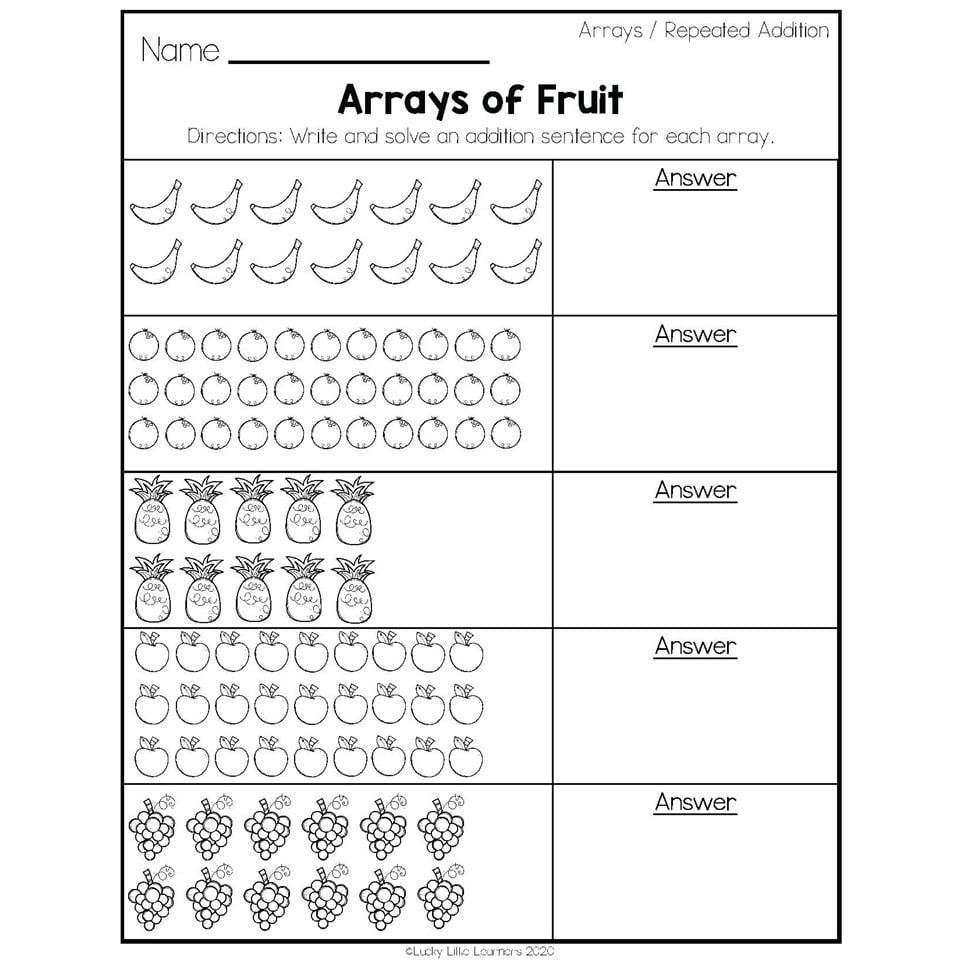 2nd Grade Math Worksheets Operations And Algebraic Thinking Arrays And Repeated Addition Arrays Of Fruit Lucky Little Learners