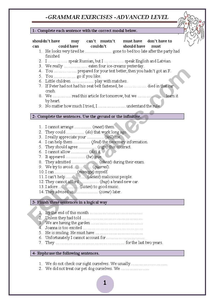6 PAGES OF ADVANCED GRAMMAR EXERCISES WITH A KEY ESL Worksheet 