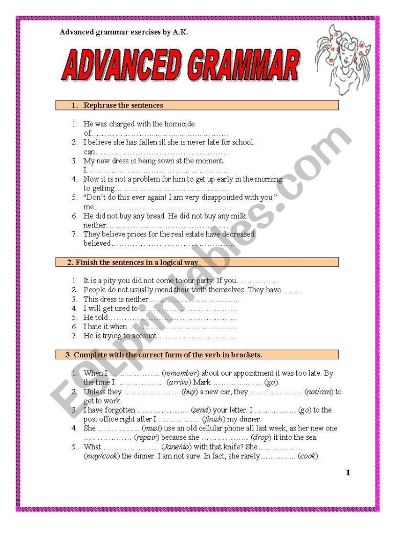 7 PAGES OF ADVANCED GRAMMAR EXERCISES WITH A KEY ESL Worksheet 