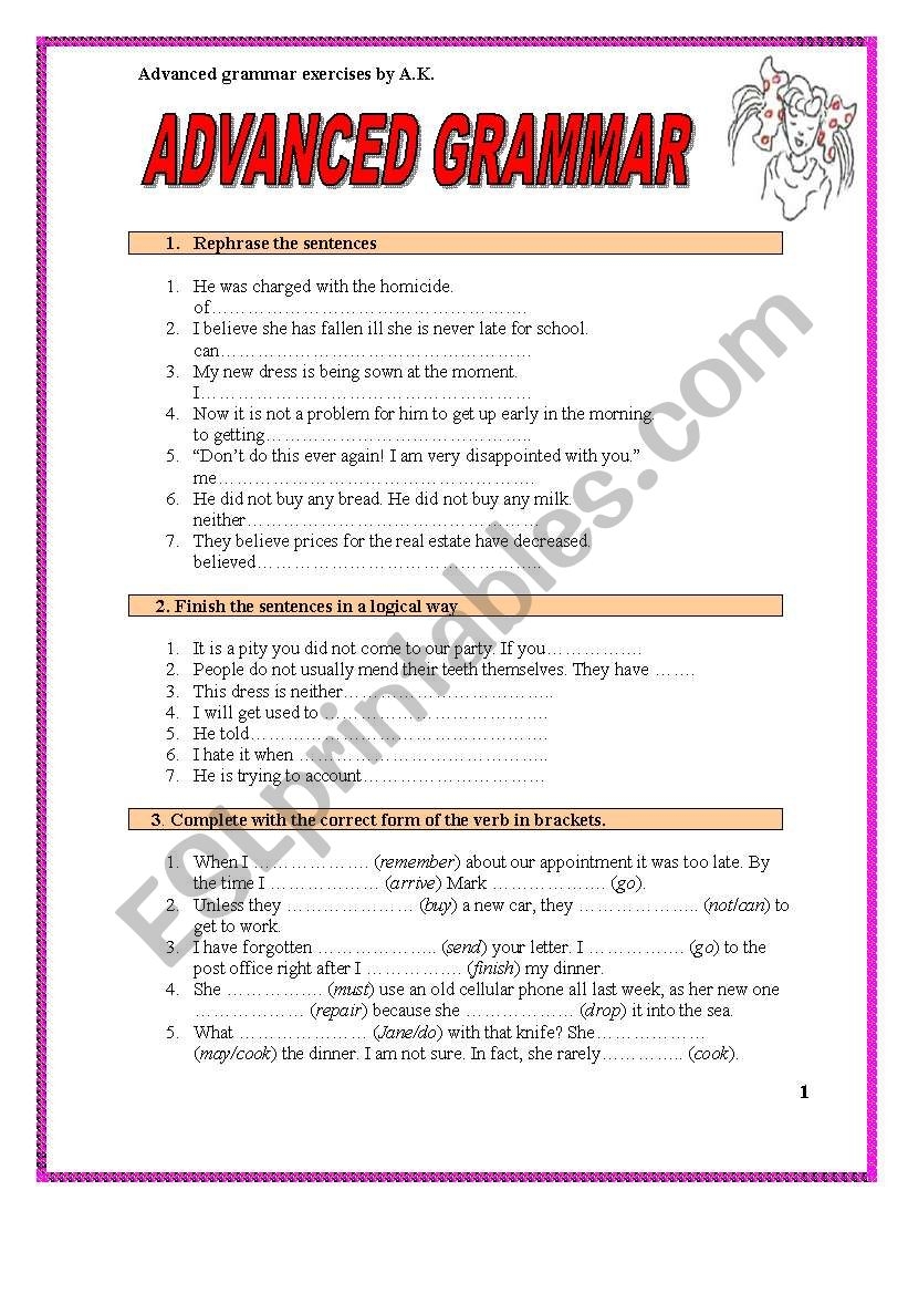 7 PAGES OF ADVANCED GRAMMAR EXERCISES WITH A KEY ESL Worksheet