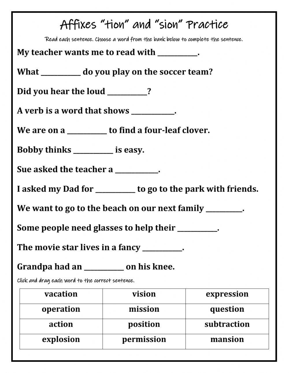 Affixes Tion sion Worksheet Live Worksheets Worksheets Library