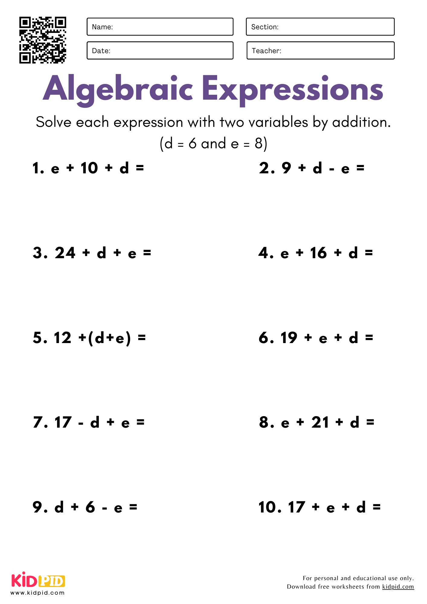 Free 9th Grade Algebra Worksheets Printable