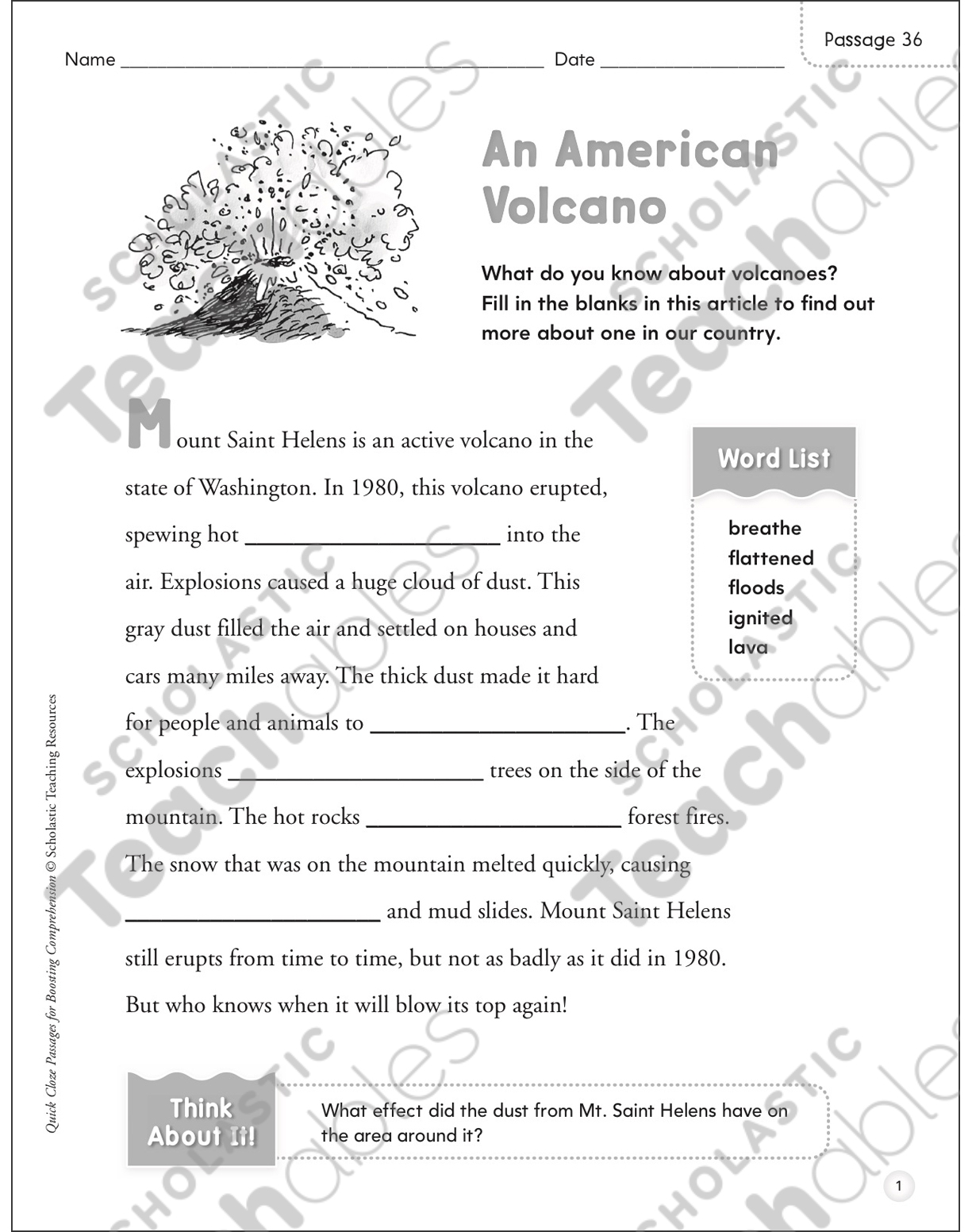 An American Volcano Quick Cloze Passage Printable Skills Sheets