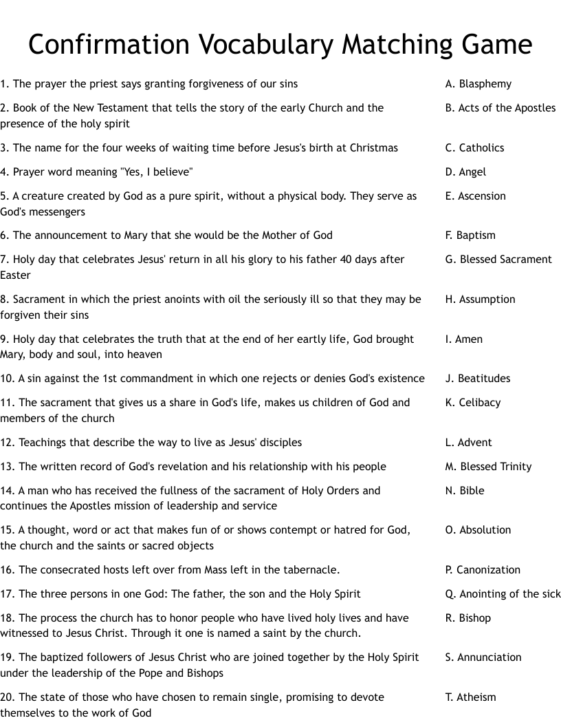 Confirmation Vocabulary Matching Game Worksheet WordMint