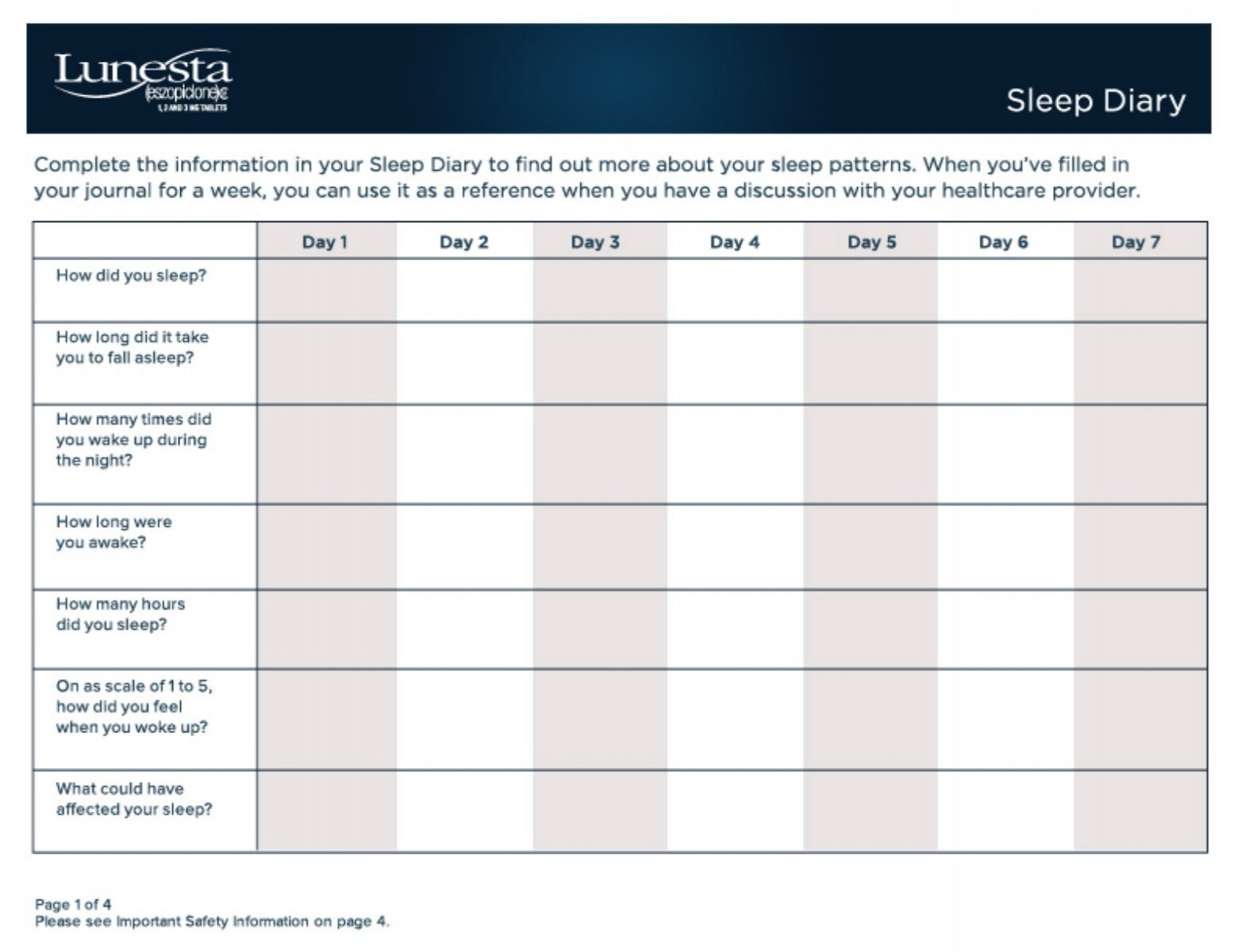 Download A Printable Sleep Diary PDF Lunesta