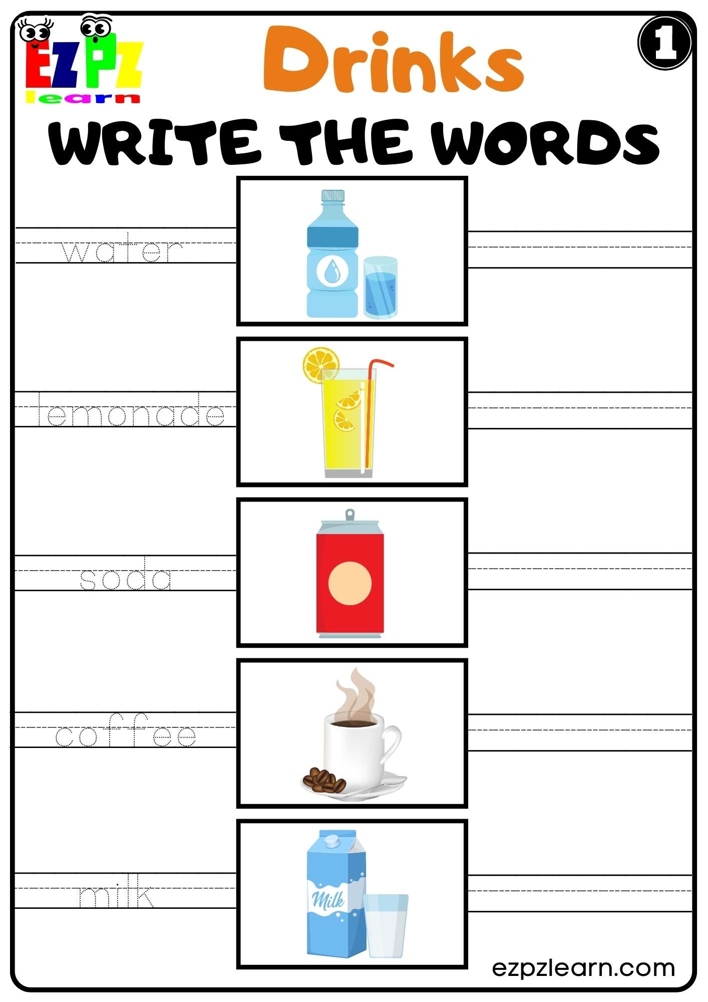 Drinks Write The Words Worksheet For K5 Kids And ESL Set 1 Free 