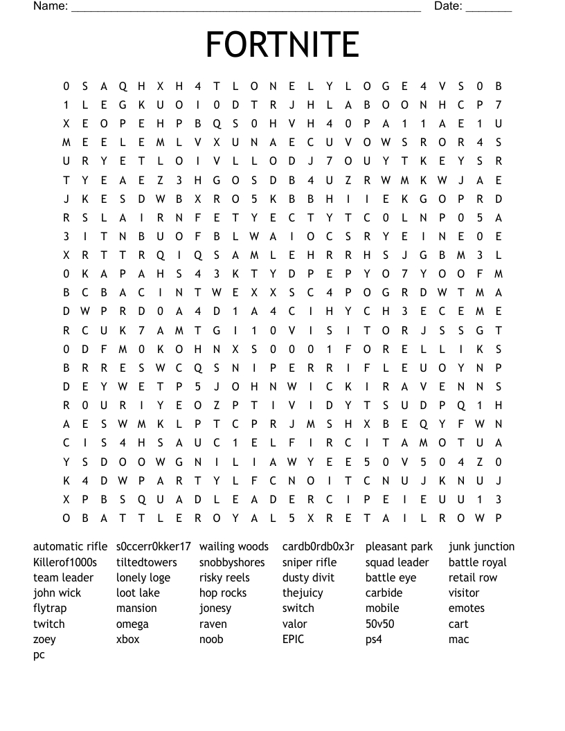 FORTNITE Word Search WordMint