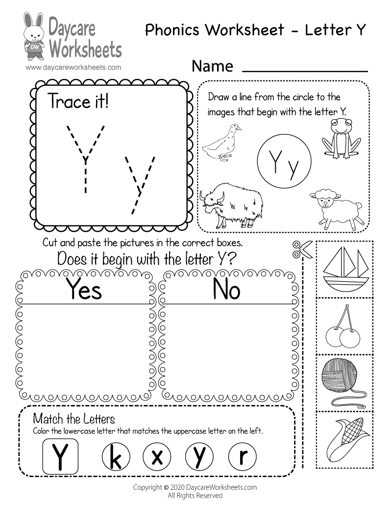Free Printable Letter Y Beginning Sounds Phonics Worksheet For Preschool