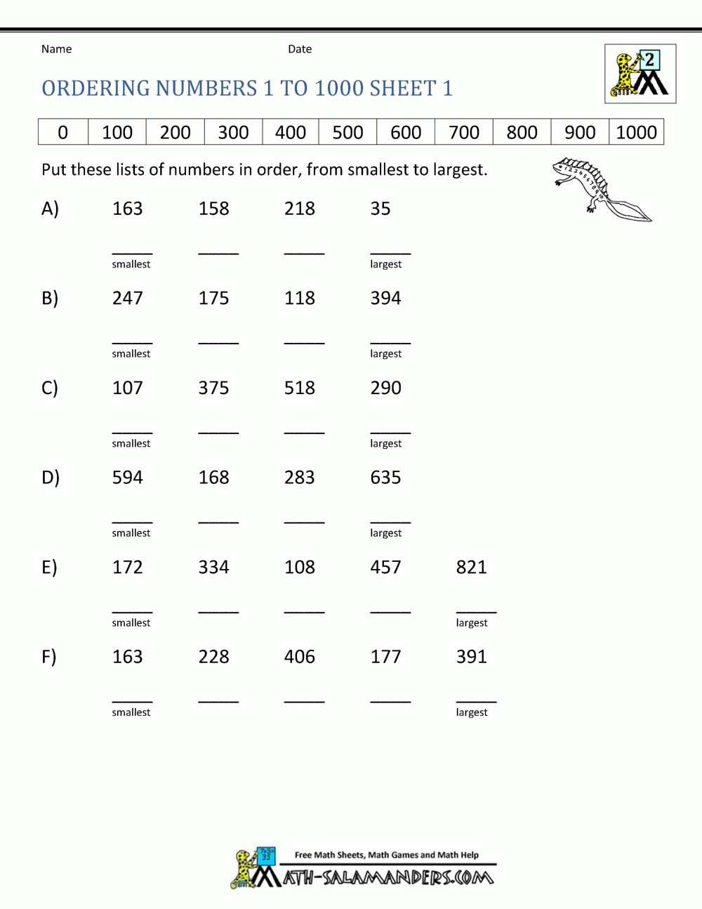 Ordering Numbers Worksheets Up To 1000