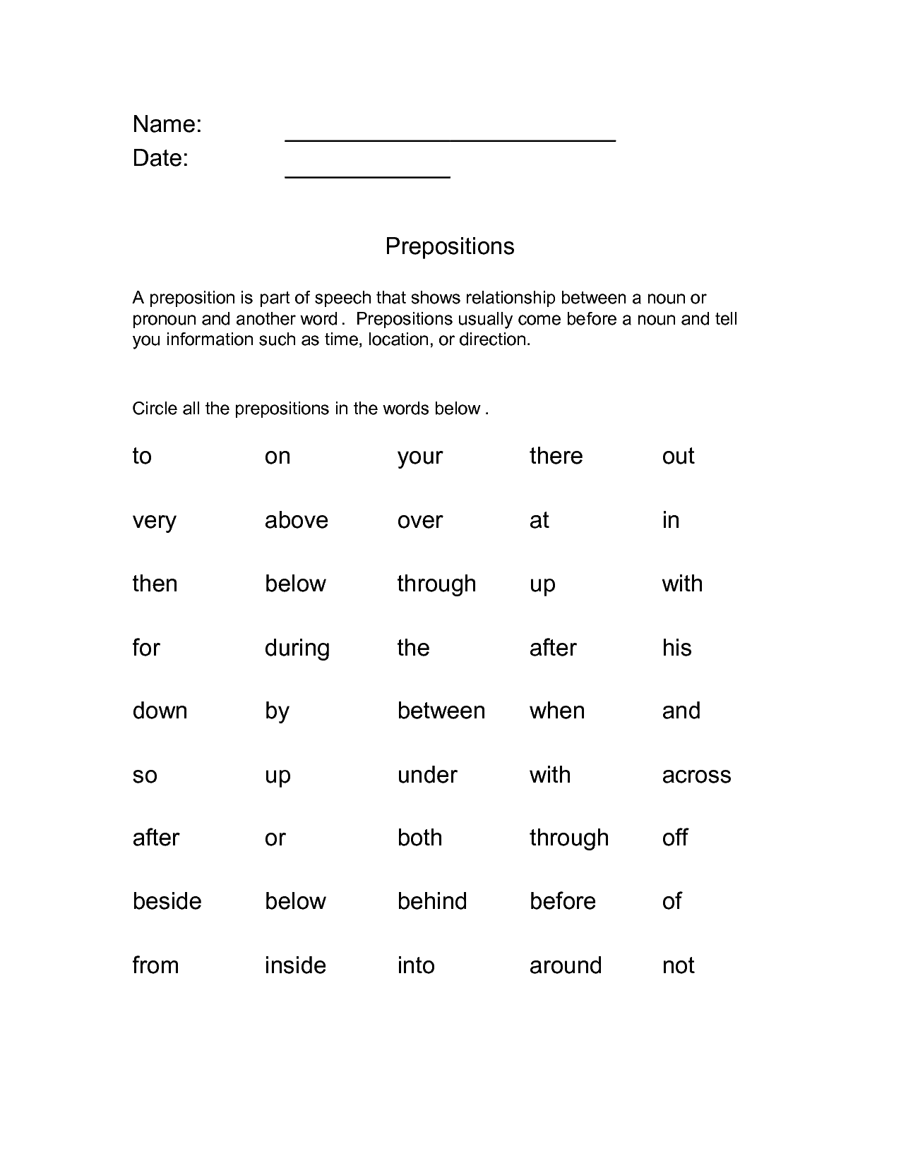 Free Prepositional Phrase Printable Worksheet