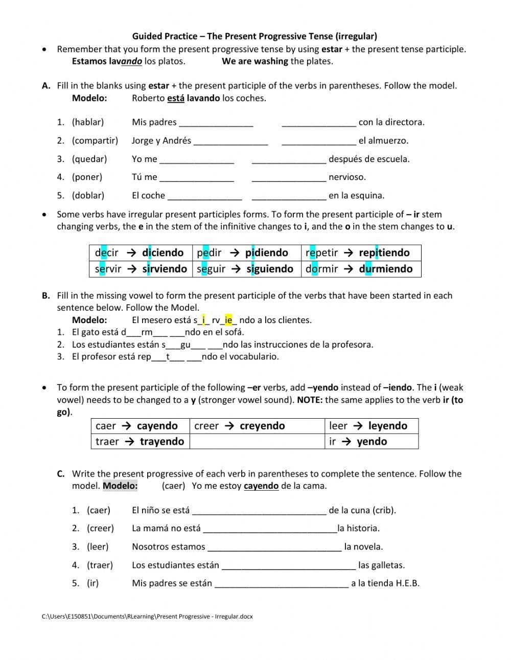 Present Progressive Irregular Guided Practice Worksheet Live 